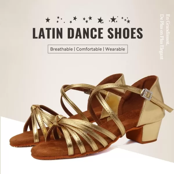 JUODVMP Girls Latin Dance Shoes Satin Ballroom Tango Salsa Practice Party Ballroom Dance ShoesModel USSSZSGold20311 Heel