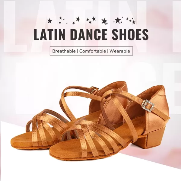 JUODVMP Girls Latin Dance Shoes Satin Ballroom Tango Salsa Practice Party Ballroom Dance ShoesModel USSSZSTan202zs11 Heel