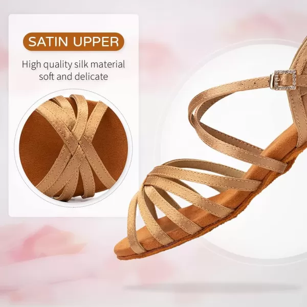 JUODVMP Girls Latin Dance Shoes Satin Ballroom Tango Salsa Practice Party Ballroom Dance ShoesModel USSSZSWx608beige17heelsuede Sole