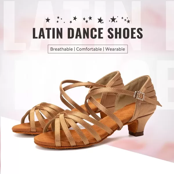 JUODVMP Girls Latin Dance Shoes Satin Ballroom Tango Salsa Practice Party Ballroom Dance ShoesModel USSSZSWx608beige17heelsuede Sole