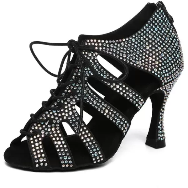 JUODVMP Women Latin Dance Shoes Rhinestone PeepToe Ballroom Salsa Bachata Dancing Practice Performance Wedding party YCL486Black33inch Heell486