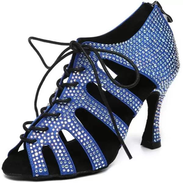 JUODVMP Women Latin Dance Shoes Rhinestone PeepToe Ballroom Salsa Bachata Dancing Practice Performance Wedding party YCL486Blue33inch Heell486