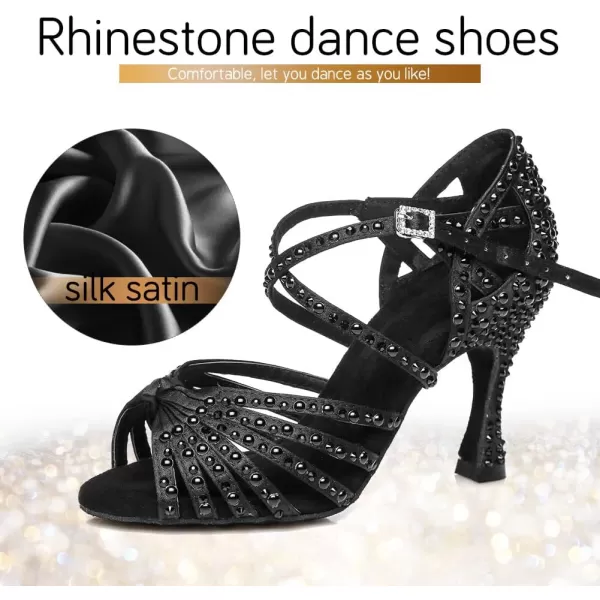 JUODVMP Women Rhinestone Ballroom Dance Shoes Latin Satin Salsa Performance Dance Shoes Model YCL429Black35 Heelsl429