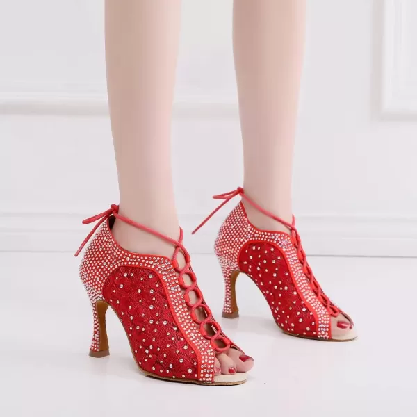 JUODVMP Women Rhinestone Dance Shoes Ballroom Latin Salsa Bachata Performance Dance Dancing Shoes QJW9001Qjw9001red33 Heelsuede Sole