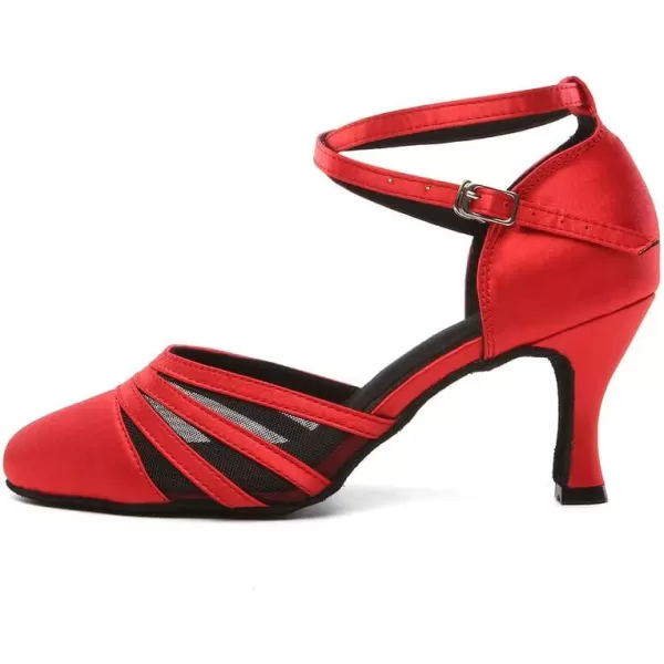 JUODVMP Womens Closed Toe Dance Heels Satin Latin Ballroom Dance Shoes for Wedding Party Model YCL189Red3 Inchycl189