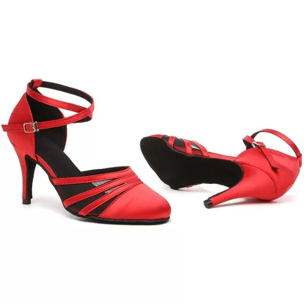 JUODVMP Womens Closed Toe Dance Heels Satin Latin Ballroom Dance Shoes for Wedding Party Model YCL189Red33 Inchycl189