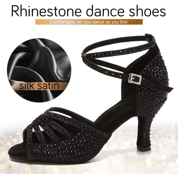 JUODVMP Womens Latin Dance Shoes Rhinestones Satin Ballroom Dancing Shoes Salsa Professional Dance ShoesL430black3 Inch Heel