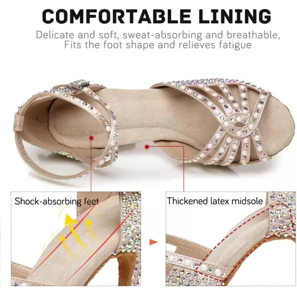 JUODVMP Womens Latin Dance Shoes Rhinestones Satin Ballroom Dancing Shoes Salsa Professional Dance ShoesL430nude3 Inch Heel