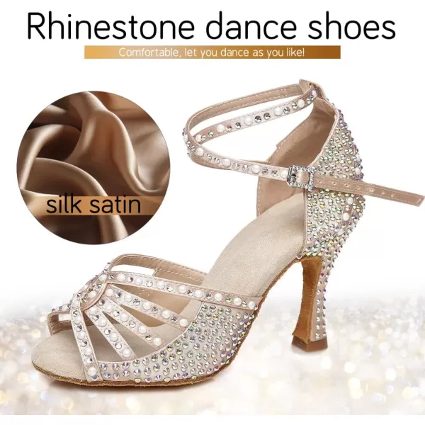 JUODVMP Womens Latin Dance Shoes Rhinestones Satin Ballroom Dancing Shoes Salsa Professional Dance ShoesL430nude3 Inch Heel