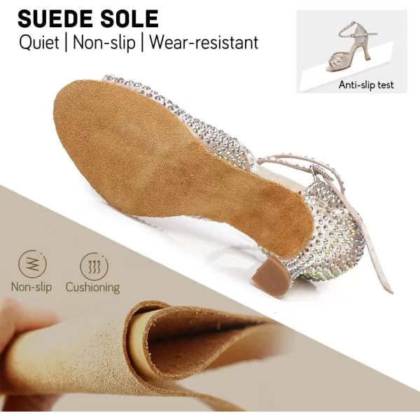 JUODVMP Womens Latin Dance Shoes Rhinestones Satin Ballroom Dancing Shoes Salsa Professional Dance ShoesL430nude3 Inch Heel