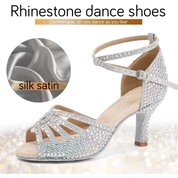 JUODVMP Womens Latin Dance Shoes Rhinestones Satin Ballroom Dancing Shoes Salsa Professional Dance ShoesL430silver3inch Heel