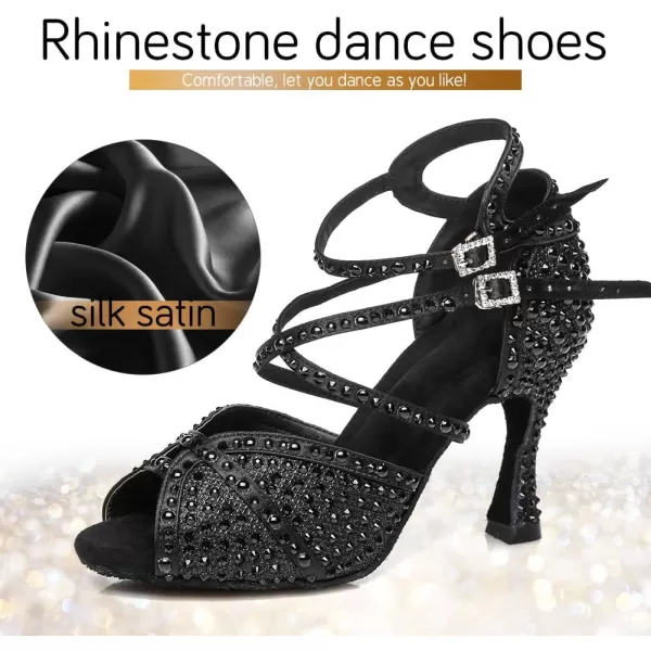 JUODVMP Womens Latin Dance Shoes Rhinestones Satin Ballroom Dancing Shoes Salsa Professional Dance ShoesL432black35 Heel