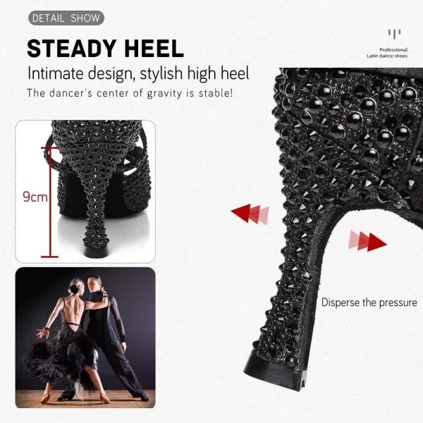 JUODVMP Womens Latin Dance Shoes Rhinestones Satin Ballroom Dancing Shoes Salsa Professional Dance ShoesL432black35 Heel