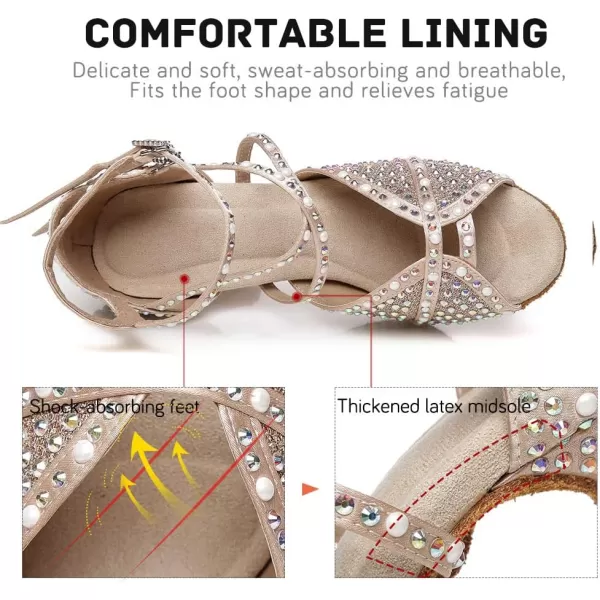 JUODVMP Womens Latin Dance Shoes Rhinestones Satin Ballroom Dancing Shoes Salsa Professional Dance ShoesL432nude35 Heel