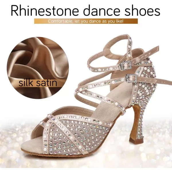 JUODVMP Womens Latin Dance Shoes Rhinestones Satin Ballroom Dancing Shoes Salsa Professional Dance ShoesL432nude35 Heel