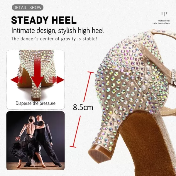 JUODVMP Womens Latin Dance Shoes With Rhinestone Peep Toe Lace Up Ballroom Salsa Tango Practice Performance Dance ShoesModel YCL452Beige