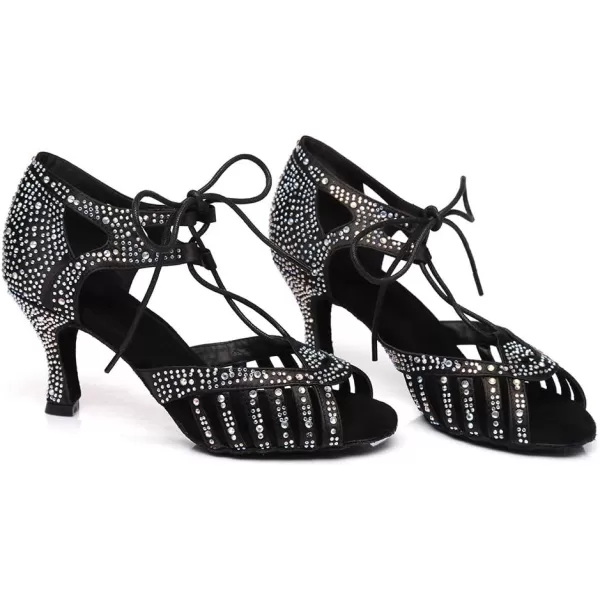 JUODVMP Womens Latin Dance Shoes With Rhinestone Peep Toe Lace Up Ballroom Salsa Tango Practice Performance Dance ShoesModel YCL452Black3 Heell387