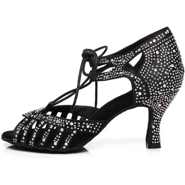 JUODVMP Womens Latin Dance Shoes With Rhinestone Peep Toe Lace Up Ballroom Salsa Tango Practice Performance Dance ShoesModel YCL452Black3 Heell387