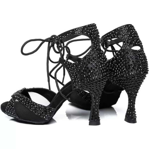 JUODVMP Womens Latin Dance Shoes With Rhinestone Peep Toe Lace Up Ballroom Salsa Tango Practice Performance Dance ShoesModel YCL452Blackzz33 Heell452