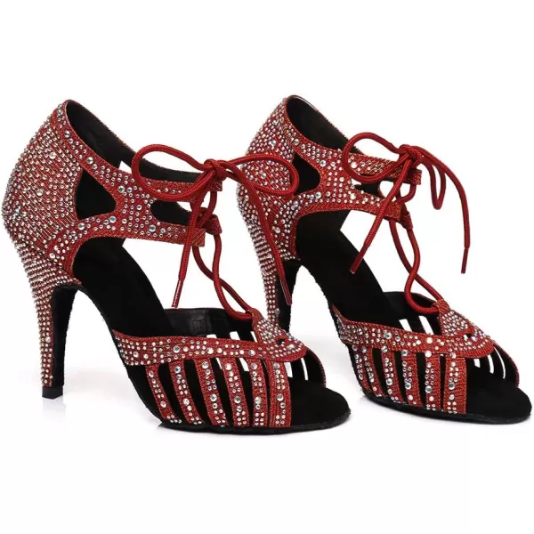 JUODVMP Womens Latin Dance Shoes With Rhinestone Peep Toe Lace Up Ballroom Salsa Tango Practice Performance Dance ShoesModel YCL452Red