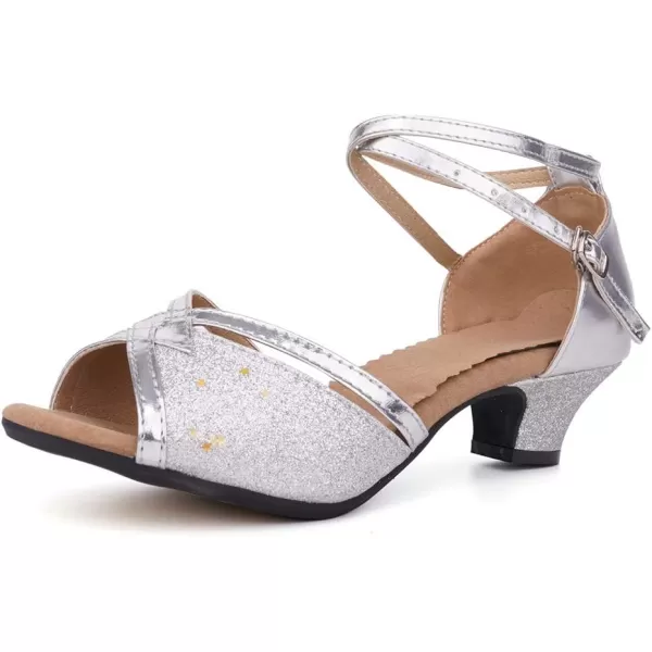 JUODVMP Womens Satin Decorated with Glitter Straps Peep Toe Cross Ankle Strap Latin Salsa Ballroom Practicing Shoes Model DY0813 Heelsilversuede Soledy01