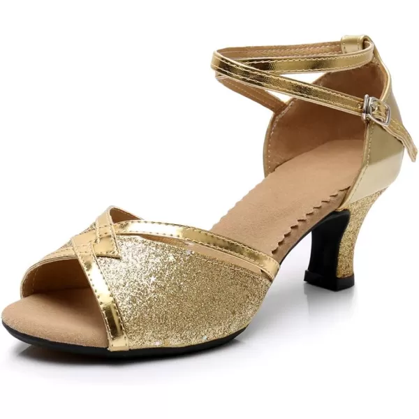 JUODVMP Womens Satin Decorated with Glitter Straps Peep Toe Cross Ankle Strap Latin Salsa Ballroom Practicing Shoes Model DY0822 Heelgoldsuede Soledy01