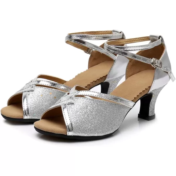 JUODVMP Womens Satin Decorated with Glitter Straps Peep Toe Cross Ankle Strap Latin Salsa Ballroom Practicing Shoes Model DY0822 Heelsilversuede Soledy01