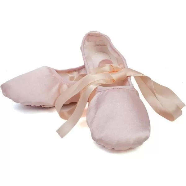 JUODVMP Girls Ballet Dance Shoes Satin Slippers Gymnastics Flats Split Sole with RibbonModel TJBLDMChampagne