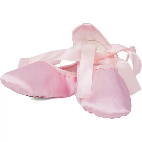 JUODVMP Girls Ballet Dance Shoes Satin Slippers Gymnastics Flats Split Sole with RibbonModel TJBLDMPink