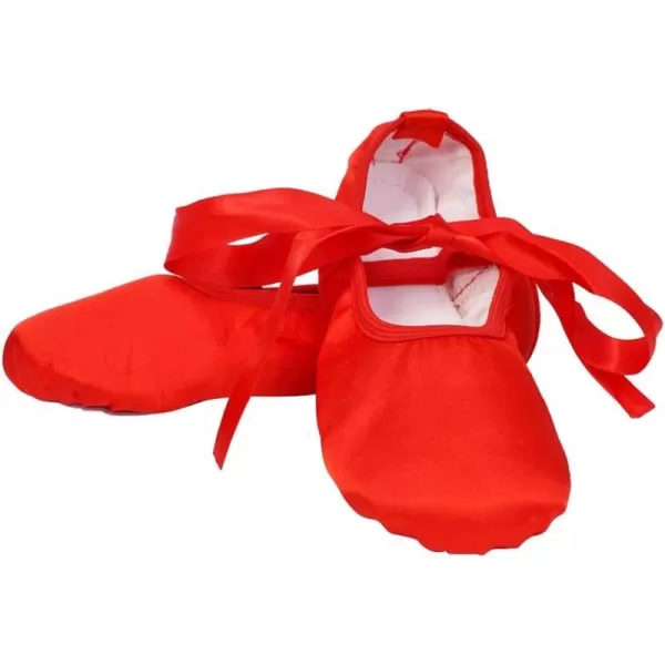 JUODVMP Girls Ballet Dance Shoes Satin Slippers Gymnastics Flats Split Sole with RibbonModel TJBLDMRed