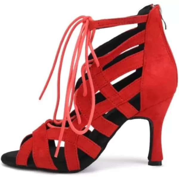 JUODVMP Women Latin Dance Shoes Crossstrap Stiletto Heel Opentoe Ballroom ChaCha Dance Shoes Model YCL552Qjw7208red33 Heelsuede Sole