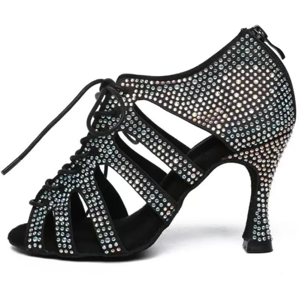 JUODVMP Women Latin Dance Shoes Rhinestone PeepToe Ballroom Salsa Bachata Dancing Practice Performance Wedding party YCL486Black33inch Heell486