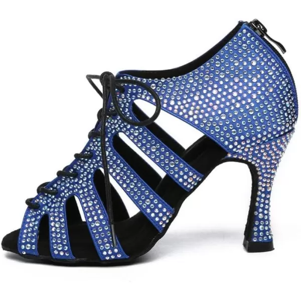 JUODVMP Women Latin Dance Shoes Rhinestone PeepToe Ballroom Salsa Bachata Dancing Practice Performance Wedding party YCL486Blue33inch Heell486