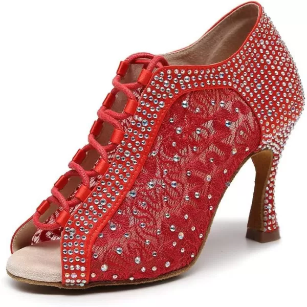 JUODVMP Women Rhinestone Dance Shoes Ballroom Latin Salsa Bachata Performance Dance Dancing Shoes QJW9001Qjw9001red33 Heelsuede Sole