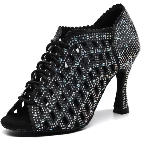 JUODVMP Women Rhinestone Dance Shoes Ballroom Latin Salsa Bachata Performance Dance Dancing Shoes QJW9001Qjw9002black33 Heelsuede Sole