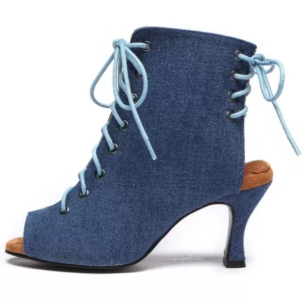 JUODVMP Womens High Heel Peep Toe Latin Dance Boots Performance Ankle Strap Laceup Dance ShoesYcl556denim Bluer75cm1995