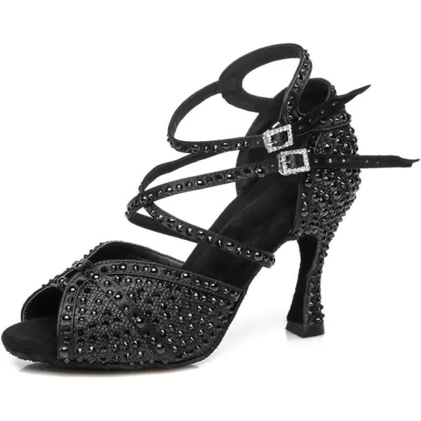 JUODVMP Womens Latin Dance Shoes Rhinestones Satin Ballroom Dancing Shoes Salsa Professional Dance ShoesL432black35 Heel