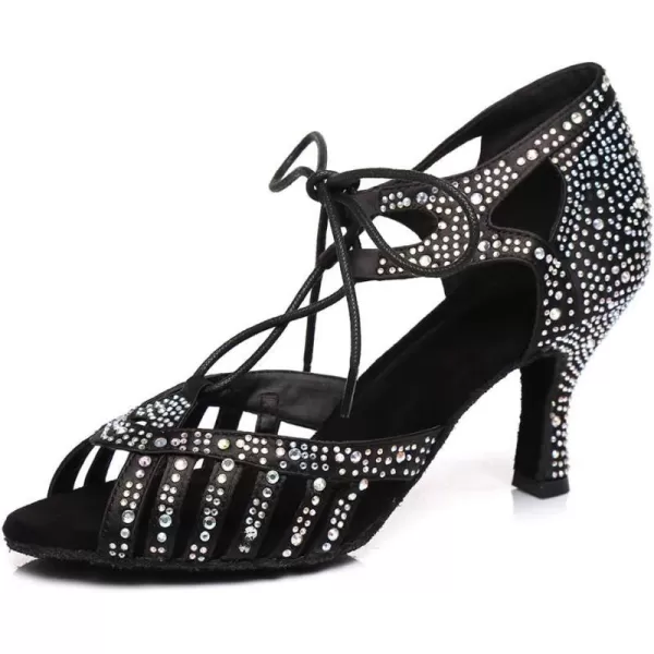 JUODVMP Womens Latin Dance Shoes With Rhinestone Peep Toe Lace Up Ballroom Salsa Tango Practice Performance Dance ShoesModel YCL452Black3 Heell387