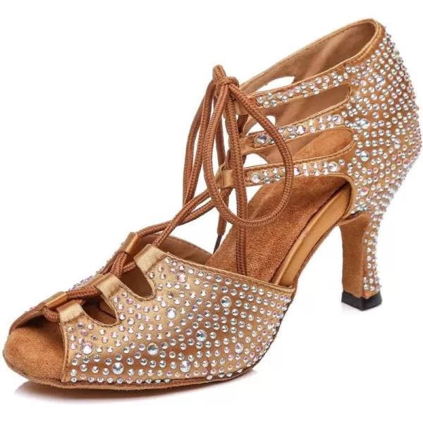 JUODVMP Womens Latin Dance Shoes With Rhinestone Peep Toe Lace Up Ballroom Salsa Tango Practice Performance Dance ShoesModel YCL452Bronze