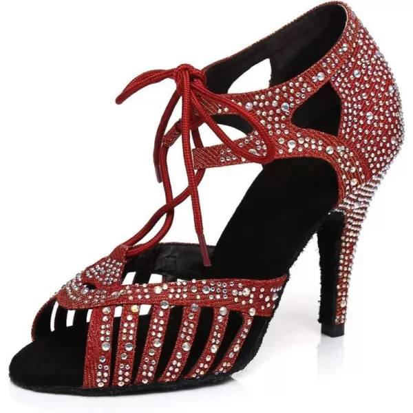 JUODVMP Womens Latin Dance Shoes With Rhinestone Peep Toe Lace Up Ballroom Salsa Tango Practice Performance Dance ShoesModel YCL452Red