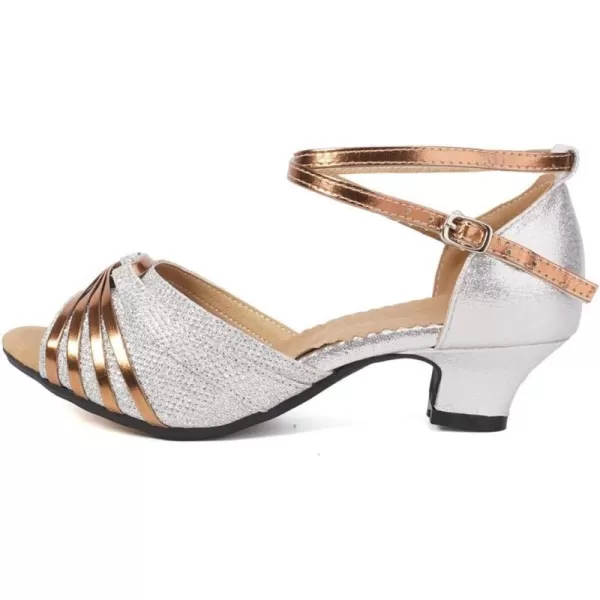 JUODVMP Womens Satin Decorated with Glitter Straps Peep Toe Cross Ankle Strap Latin Salsa Ballroom Practicing Shoes Model DY0813 Heelsilversuede Soledy08