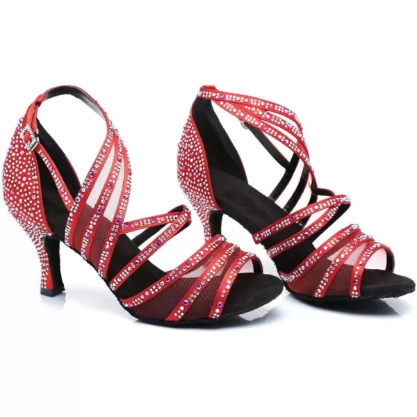 JUODVMP Womens Latin Salsa Dance Performance Shoes Mesh Patchwork Satin with Rhinestones Slanted AnkleStraps Dance Heels Model L367L367red3 Heel