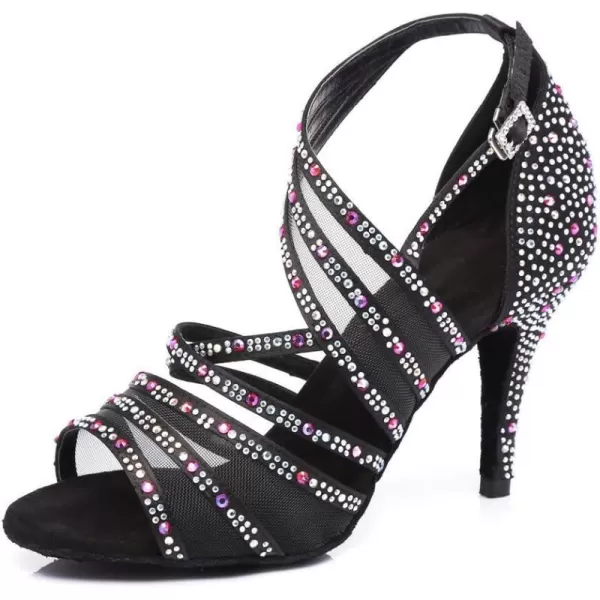 JUODVMP Womens Latin Salsa Dance Performance Shoes Mesh Patchwork Satin with Rhinestones Slanted AnkleStraps Dance Heels Model L367L367black33 Heel