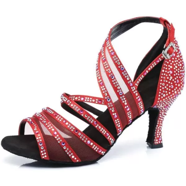 JUODVMP Womens Latin Salsa Dance Performance Shoes Mesh Patchwork Satin with Rhinestones Slanted AnkleStraps Dance Heels Model L367L367red3 Heel