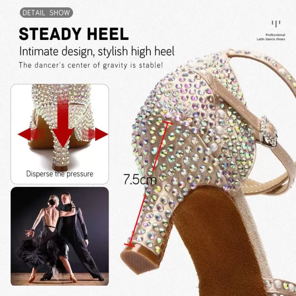 JUODVMP Womens Latin Dance Shoes Rhinestones Satin Ballroom Dancing Shoes Salsa Professional Dance ShoesL430nude35 Inch Heel