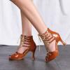 imageJUODVMP Women Latin Dance Shoes Cross Straps Stiletto Heel peep Toe Ballroom ChaCha High Heel Dance Shoes Model YCL552Ycl554brown35 Heel