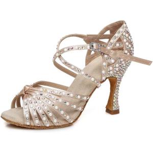 imageJUODVMP Women Rhinestone Ballroom Dance Shoes Latin Satin Salsa Performance Dance Shoes Model YCL429Nude35 Heel