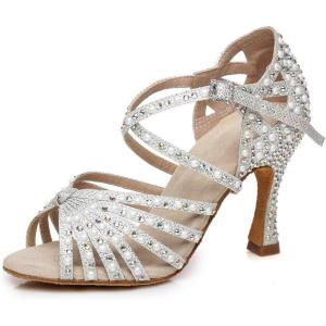 imageJUODVMP Women Rhinestone Ballroom Dance Shoes Latin Satin Salsa Performance Dance Shoes Model YCL429White35 Heel
