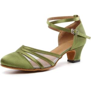imageJUODVMP Womens Closed Toe Dance Heels Green Satin Latin Ballroom Dance Shoes for Wedding Party Model YCL189Green175 Inchycl189