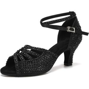 imageJUODVMP Womens Latin Dance Shoes Rhinestones Satin Ballroom Dancing Shoes Salsa Professional Dance ShoesBlack23 Heel